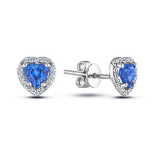 Sapphire and Diamond Halo Heart Stud Earrings In 14K White Gold