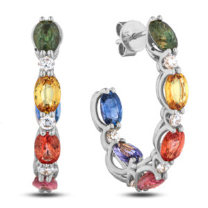 Rainbow Multicolor Sapphire and Canadian Diamond Hoop Earrings In 14K White Gold