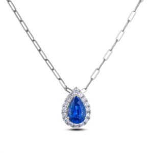 Pear Shape Blue Sapphire and Diamond Halo Pendant With Paperclip Chain in 18K White Gold