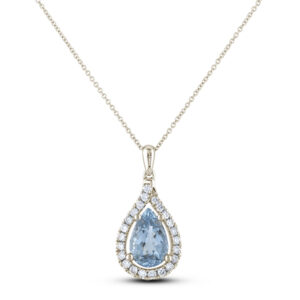 Pear Shape Aquamarine and Canadian Diamond Halo Pendant in Yellow Gold