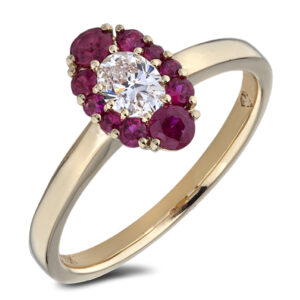 Oval Shaped GIA Diamond and Ruby Halo Ring in Yellow Gold