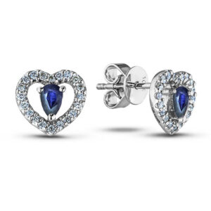 Sapphire and Diamond Halo Heart Stud Earrings In White Gold