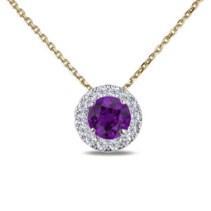 Amethyst and Canadian Diamond Halo Pendant In Yellow Gold