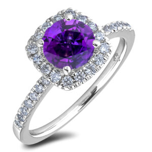 Brazilian Amethyst and Canadian Diamonds Halo Ring With Hidden Details in White Gold