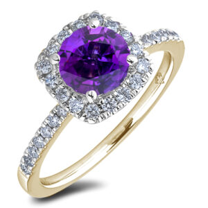 Brazilian Amethyst and Canadian Diamonds Halo Ring With Hidden Details in Yellow Gold