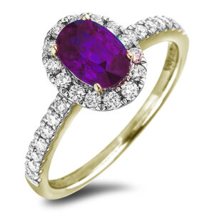 Oval Cut Amethyst and Canadian Diamond Halo Ring In Yellow Gold