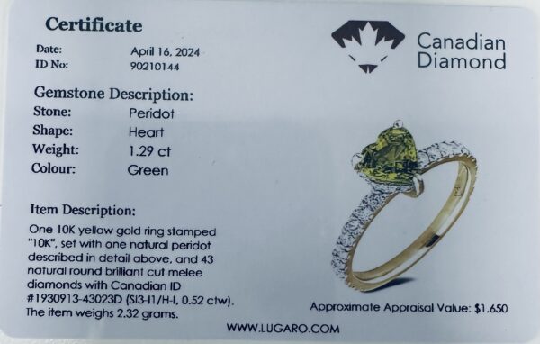 Heart Shape Peridot and Canadian Diamond Hidden Halo Ring in Yellow Gold