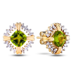 Cushion Cut Peridot and Canadian Diamond Square Stud Earrings in Yellow Gold