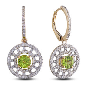 Peridot And Canadian Diamond Dangle Hoop Earrings in Yellow Gold