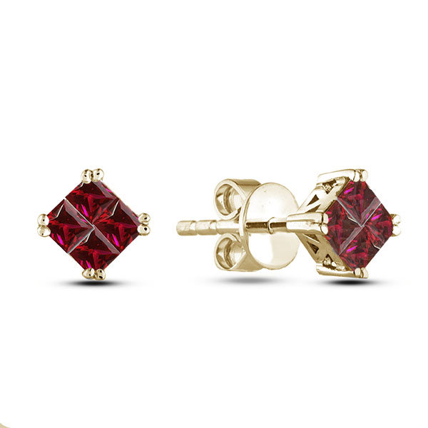 Square Shaped Ruby Stud Earrings in 18K Yellow Gold