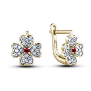 Ruby and Canadian Diamond Flower Clover Stud Earrings in Yellow Gold