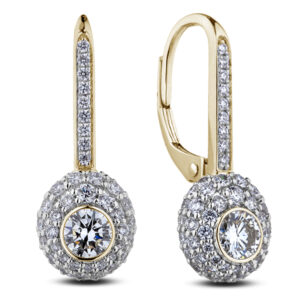 Bezel Set De Beers Forevermark Diamond Double Halo Dangle Earrings in 18K Yellow Gold