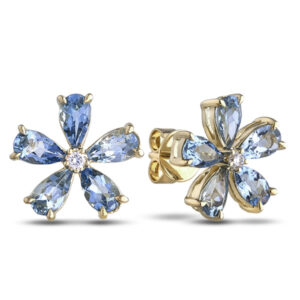 Canadian Diamond And Aquamarine Flower Earrings in 14K Yellow Gold