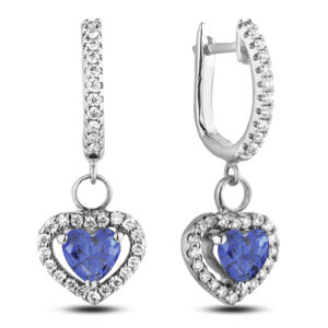 Heart Shape Blue Sapphire & Canadian Diamond Earrings in 14K White Gold