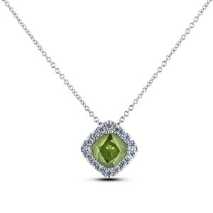 Square Cut Peridot and Canadian Diamond Halo Pendant in 14K White Gold