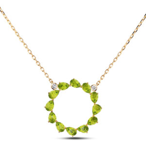 Pear Shape Peridot And Canadian Diamond Circle Necklace In Yellow Gold