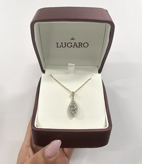 Brazilian Aquamarine and Diamond Halo Drop Pendant in 14K Gold