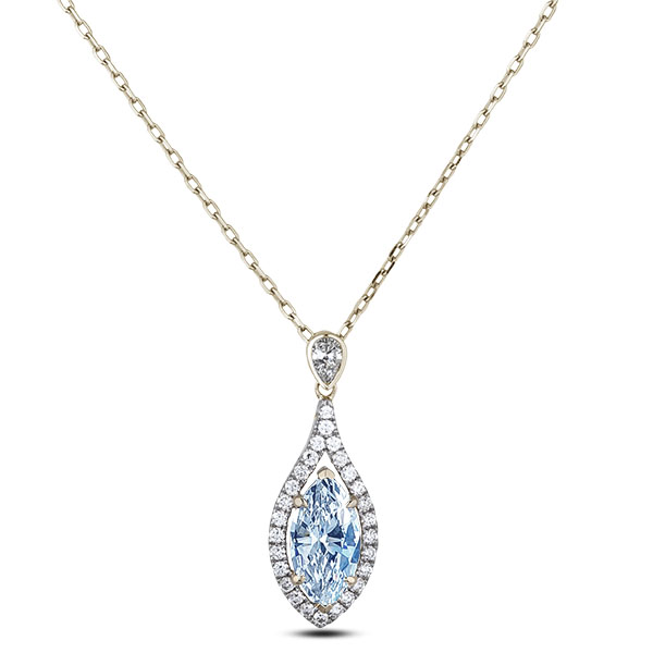 Brazilian Aquamarine and Diamond Halo Drop Pendant in 14K Gold