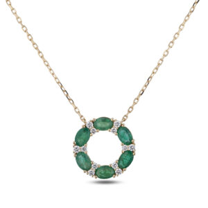 Oval Shaped Brazilian Emerald and Diamond Circle Pendant in 18K Yellow Gold