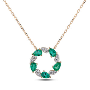 Pear Shape Brazilian Emerald And Diamond Circle Necklace In 18K Yellow Gold