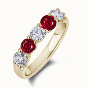 Canadian Diamond And Ruby 5 Stones Anniversary Ring In Yellow Gold