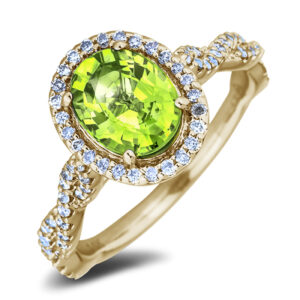 Oval Shape Peridot and Canadian Diamond Halo Ring in Yellow Gold