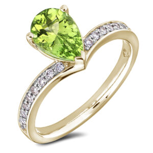 Pear Shaped Peridot and Canadian Diamonds Ring in Yellow Gold