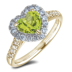 Heart Shape Peridot and Canadian Diamond Halo Ring in Yellow Gold