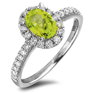 Peridot and Canadian Diamond Oval Halo Ring in White Gold