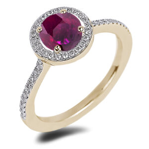 Ruby and Canadian Diamond Halo Ring in Yellow Gold