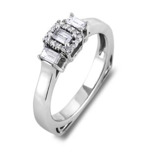 Emerald Cut Canadian Diamond Trilogy Style Halo Engagement Ring in 18K White Gold