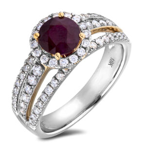 Ruby and Diamond Triple Row Halo Ring in 18K White & Yellow Gold