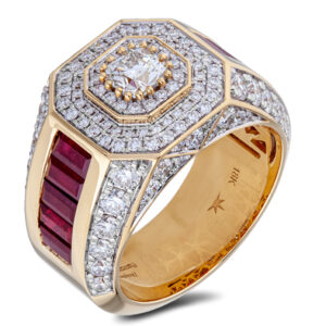 Princess Cut Diamond and Ruby Double Halo Signet Ring In 18K Yellow Gold