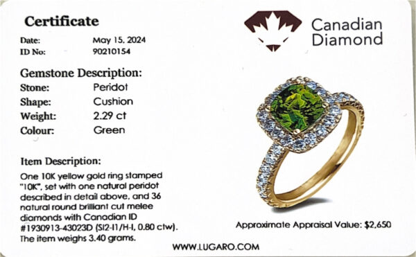 Cushion Cut Peridot And Diamond Halo Ring In Yellow Gold
