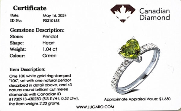 Heart Shape Peridot and Canadian Diamond Hidden Halo Ring in White Gold