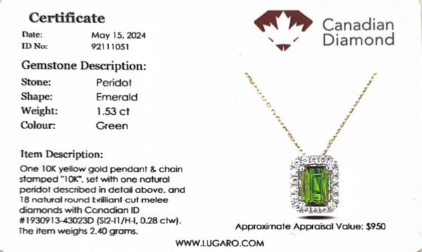 Rectangular Shape Peridot and Canadian Diamond Halo Pendant in Yellow Gold