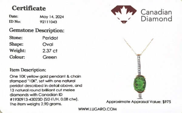 Peridot and Canadian Diamond Drop Necklace in Yellow Gold
