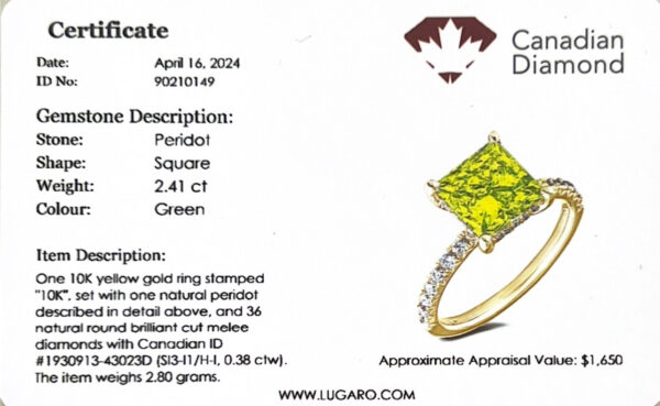 Square Cut Peridot and Diamond Hidden Halo Ring in Yellow Gold