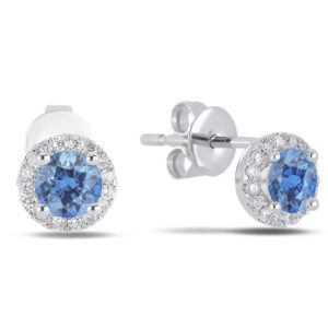 Diamond And 0.75 Carat TW Sapphire Halo Stud Earrings In White Gold