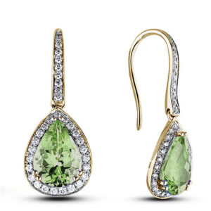Pear Shape Peridot and Canadian Diamond Halo Drop Earrings in Yellow Gold
