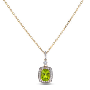 Cushion Cut Peridot and Canadian Diamond Halo Pendant in Yellow Gold