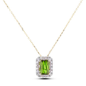 Rectangular Shape Peridot and Canadian Diamond Halo Pendant in Yellow Gold