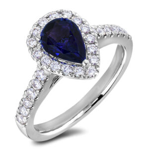 Pear Cut Sapphire and Canadian Diamond Halo Ring in White Gold