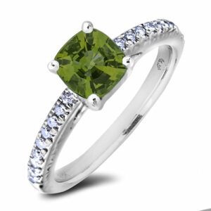 Cushion Cut Green Sapphire And Diamond Ring In 18K White Gold