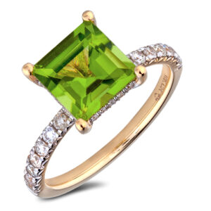 Square Cut Peridot and Diamond Hidden Halo Ring in Yellow Gold