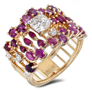 Ruby and Canadian Diamond Mosaic Wide Ring in 14K Yellow Gold