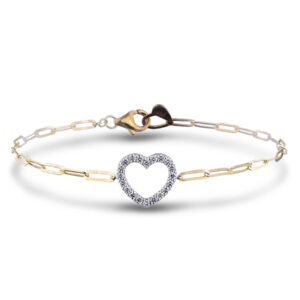 Diamond Open Heart Bracelet with Paperclip Chain in 18K White and Yellow Gold