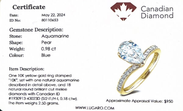 Pear Shaped Aquamarine and Canadian Diamonds Ring in Yellow Gold