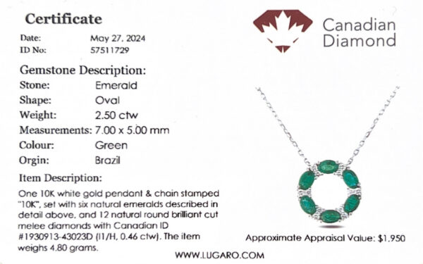 Oval Shaped Brazilian Emerald and Canadian Diamond Circle Pendant in White Gold