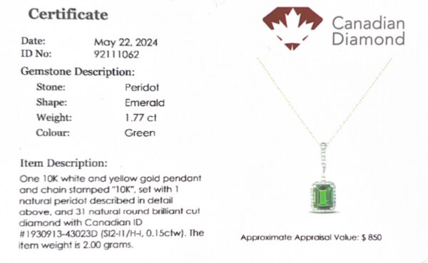 Emerald Cut Peridot and Canadian Diamond Halo Pendant in White and Yellow Gold